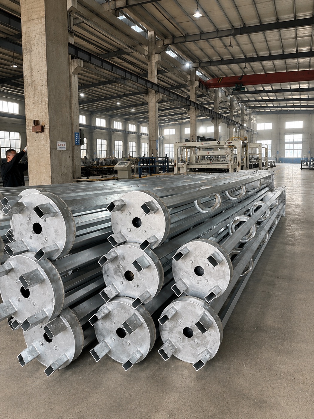 Postes galvanizados：Almacenamiento ordenado de componentes de postes galvanizados en caliente