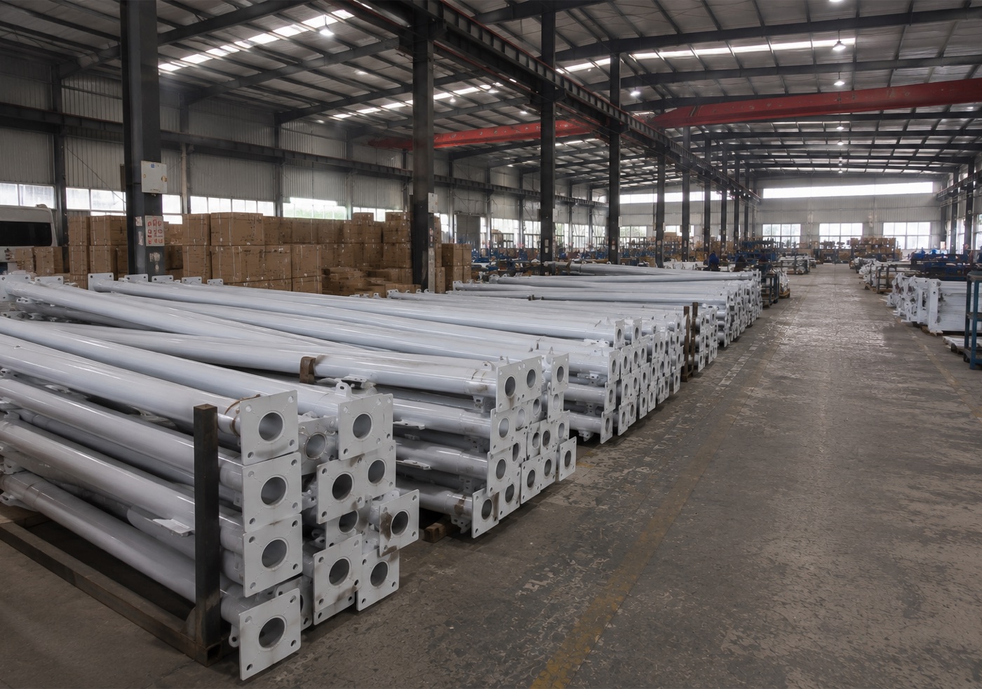 Taller de producción de postes：Producción de postes por lotes y almacenamiento organizado